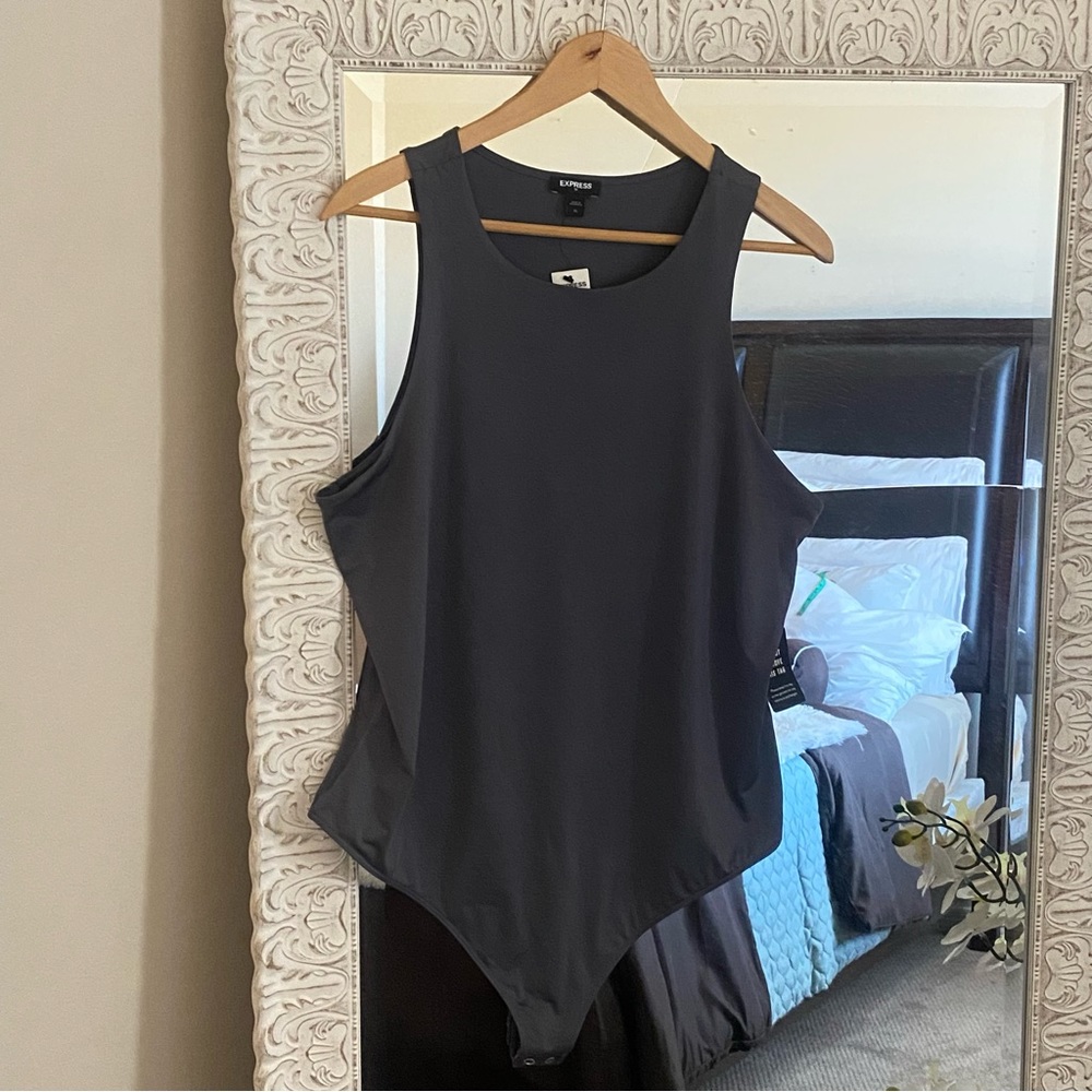 Express Gray Slive Silky High Neck Thong Sleeveless Women's Bodycon Bodysuit - Picture 5 of 10